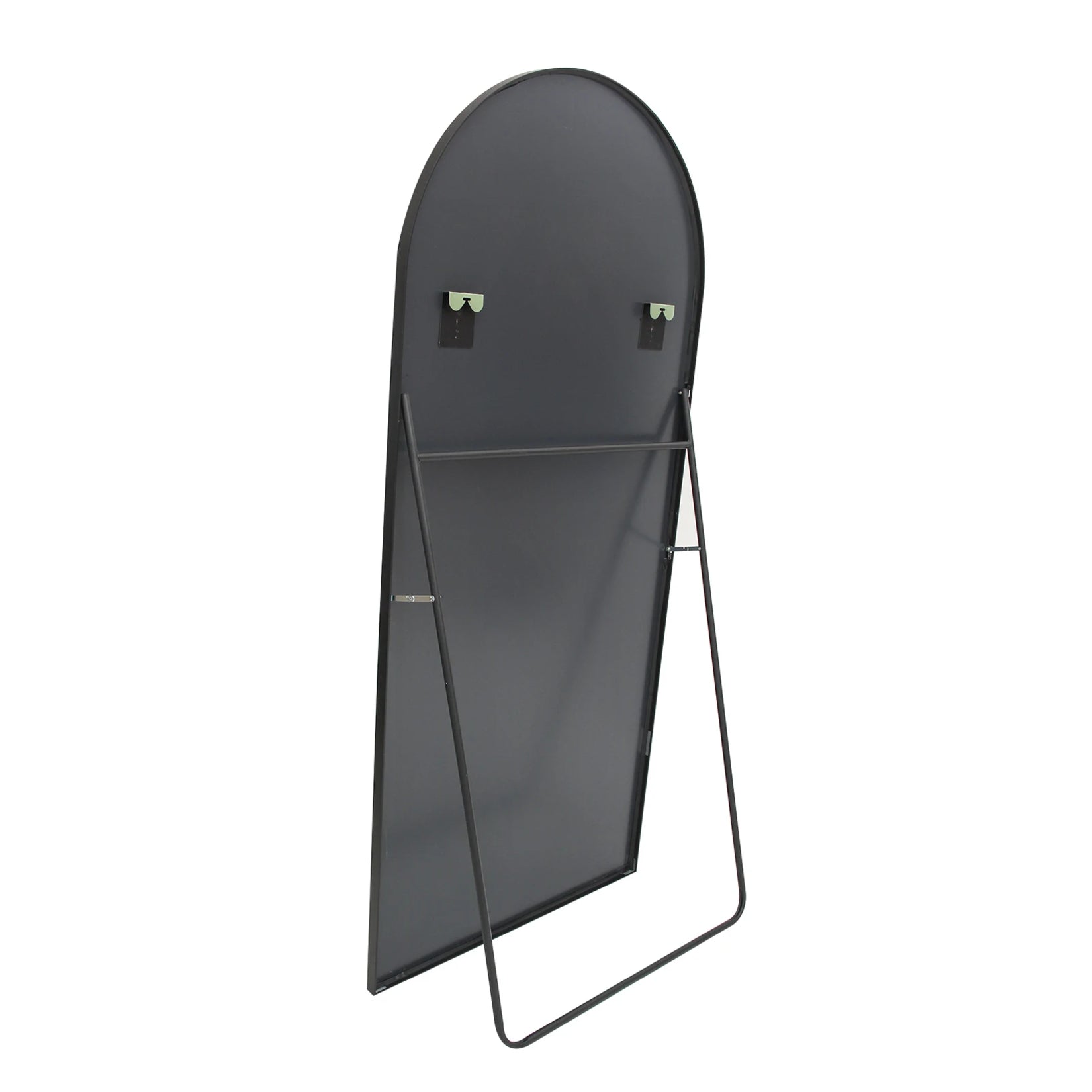 Structure arrière du miroir sur pied noir grand format avec cadre métallique.