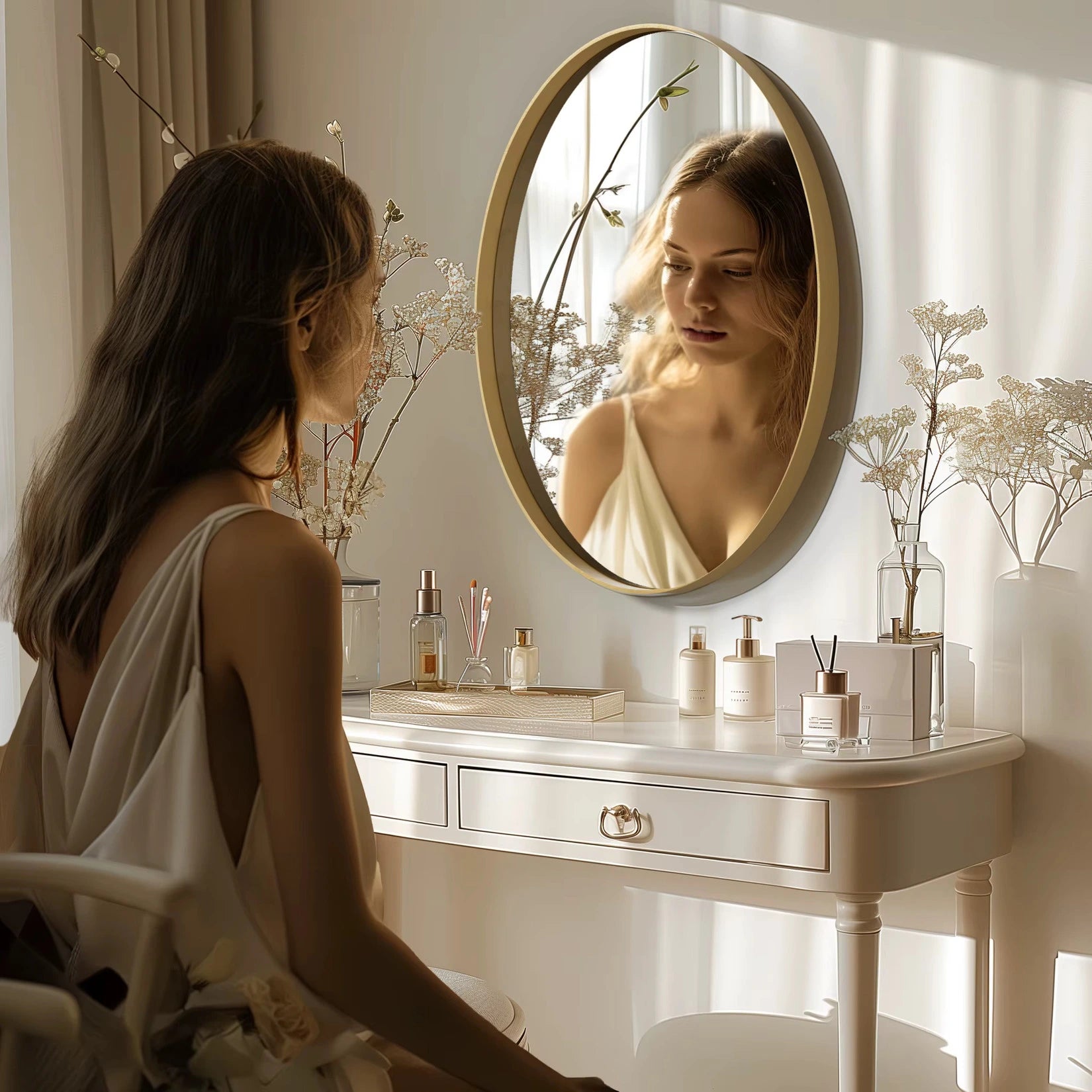 Miroir ovale élégant pour salle de bain ou maquillage.