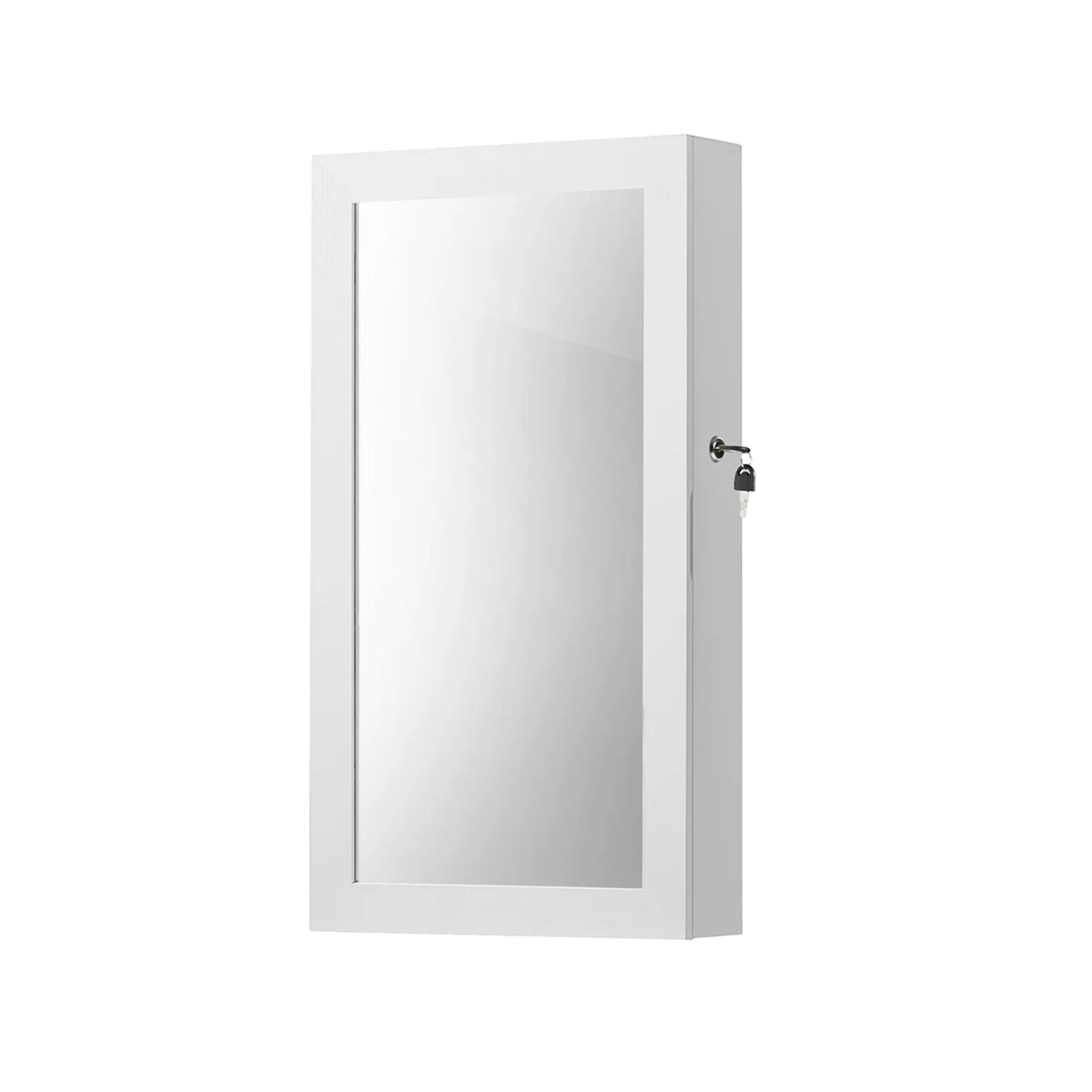 Vue latérale de la petite armoire à bijoux avec miroir blanc et système de verrouillage à clé.