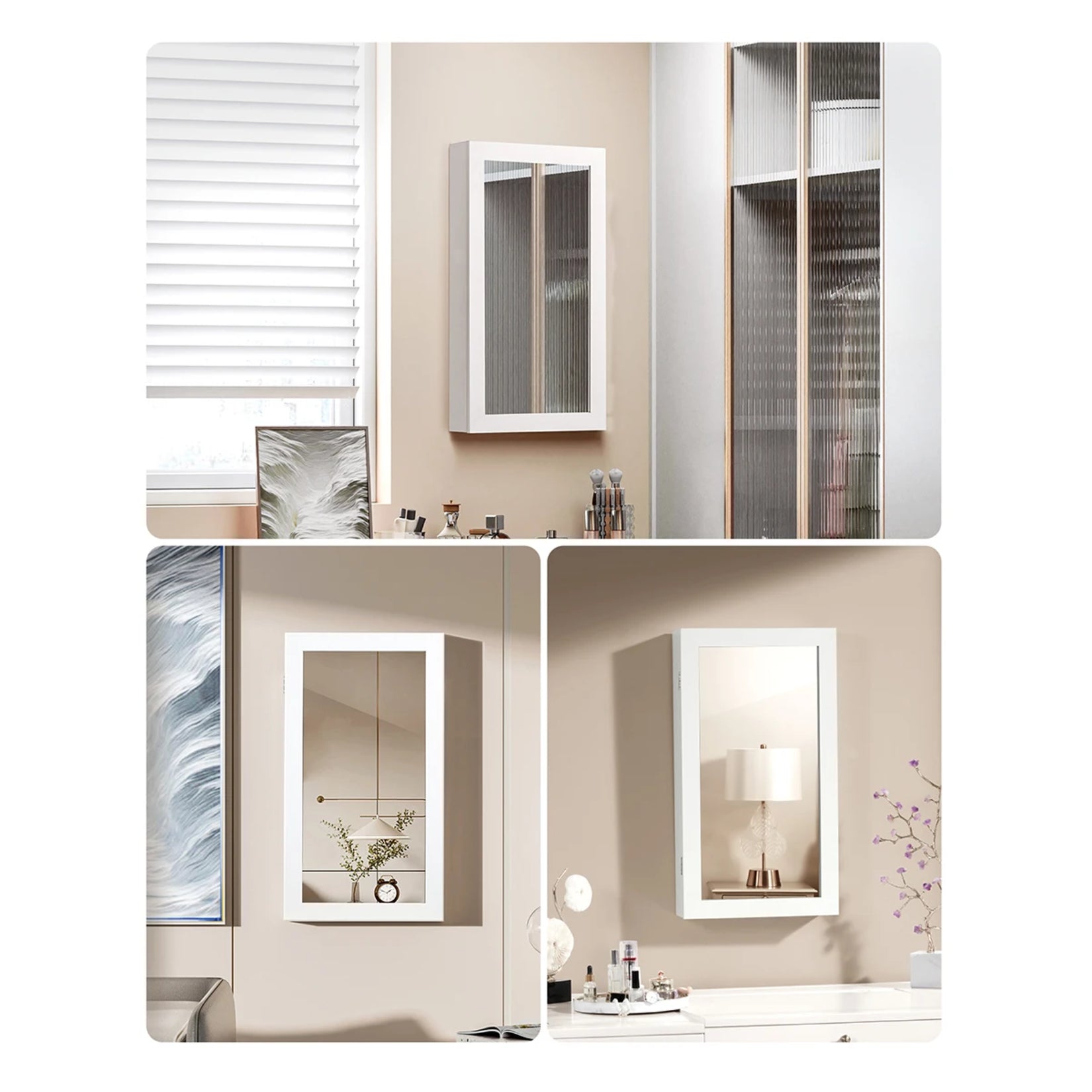 Armoire à bijoux blanche avec miroir mural installée dans une chambre moderne – solution compacte et élégante.
