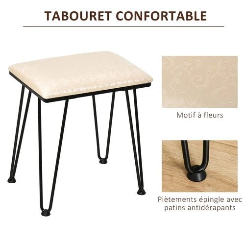 Tabouret confortable avec motif à fleurs et pieds épingle, parfait pour une coiffeuse industrielle.